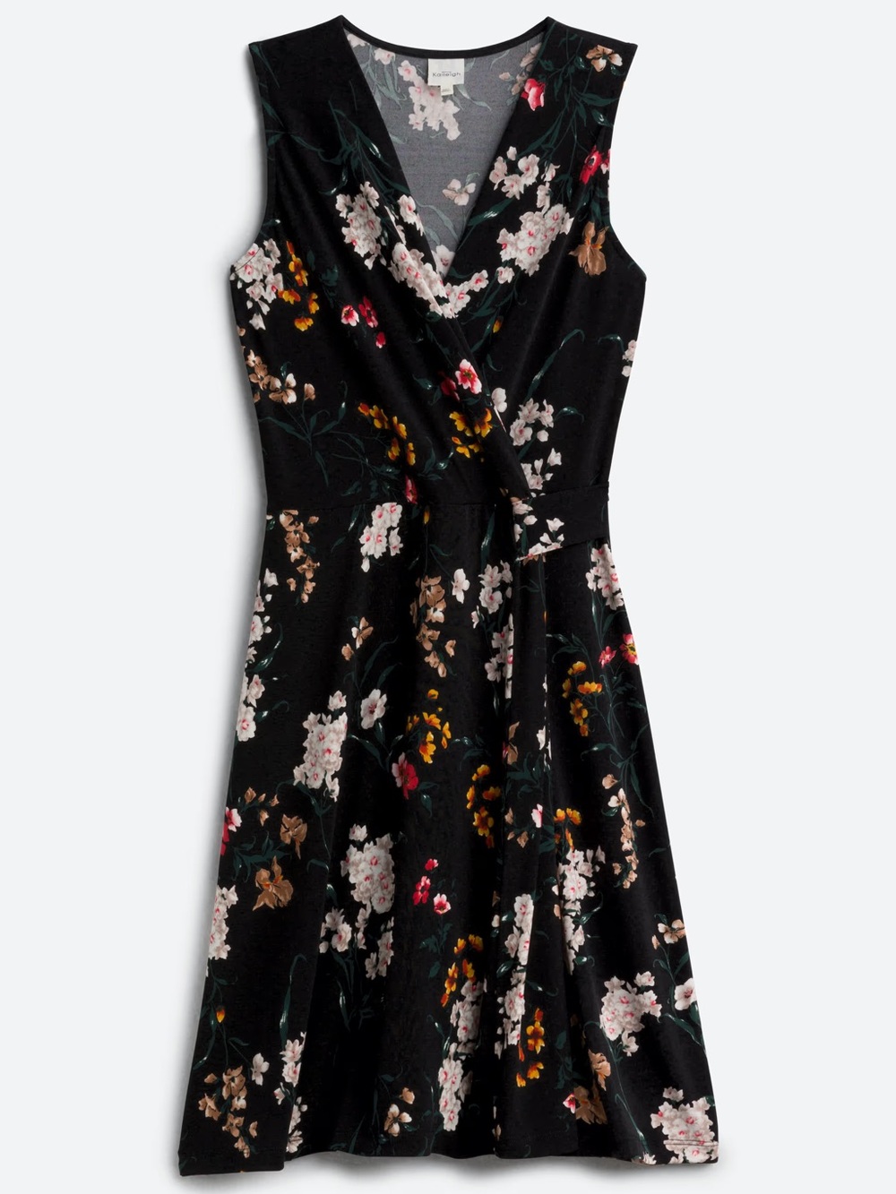 Kaileigh Seanna Black Floral Faux Wrap Knit Midi Dress Sleeveless V-Neck Cottage
